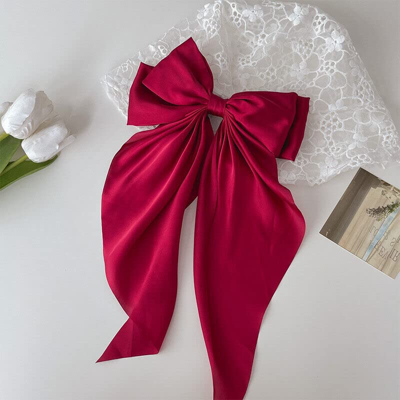ZEPOLI Big Satin Layered Hair Bows for Women Girls 11 Inch Barrette Hair Clip Long Black Ribbon Bows French Style Hair Accessories (Red) - Image 2