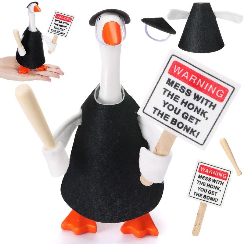 Locmeo 7 Inch Mini Desk Goose Outfit with Baseball Bat and Magnetic Goose Warning Sign Mess with The Honk You Get The Bonk Slogan Accessories for Magnetic Duck Statue Desk Keyholder Decor - Image 1