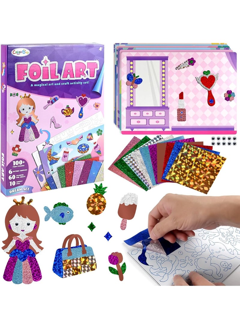 Capstro Foil ART 3D Sticker Craft Kit – Princess Theme | 6 Royal Picture Canvases with 100+ Foam Stickers & 60+ Colorful Foil Sheets | DIY Glitter Foil Paper Craft Set for Kids Age 4+ | Creative Art Gift for Girls - Image 1