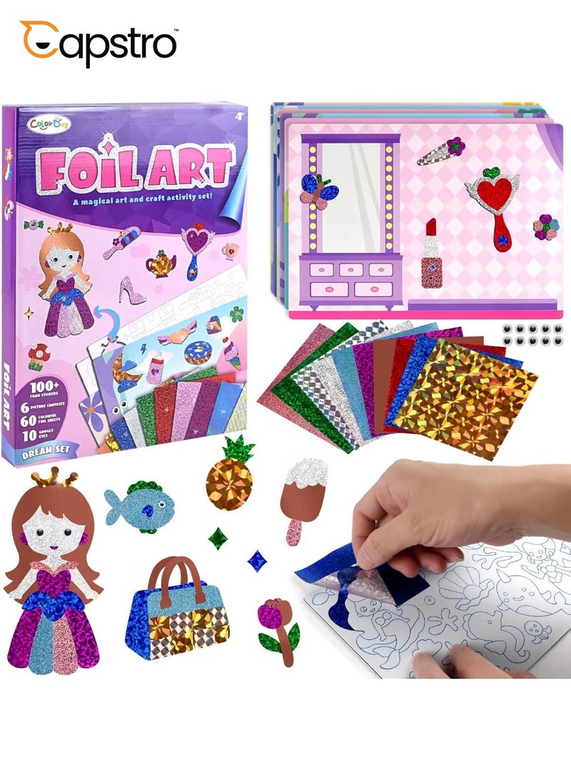 Capstro Foil ART 3D Sticker Craft Kit – Princess Theme | 6 Royal Picture Canvases with 100+ Foam Stickers & 60+ Colorful Foil Sheets | DIY Glitter Foil Paper Craft Set for Kids Age 4+ | Creative Art Gift for Girls - Image 1