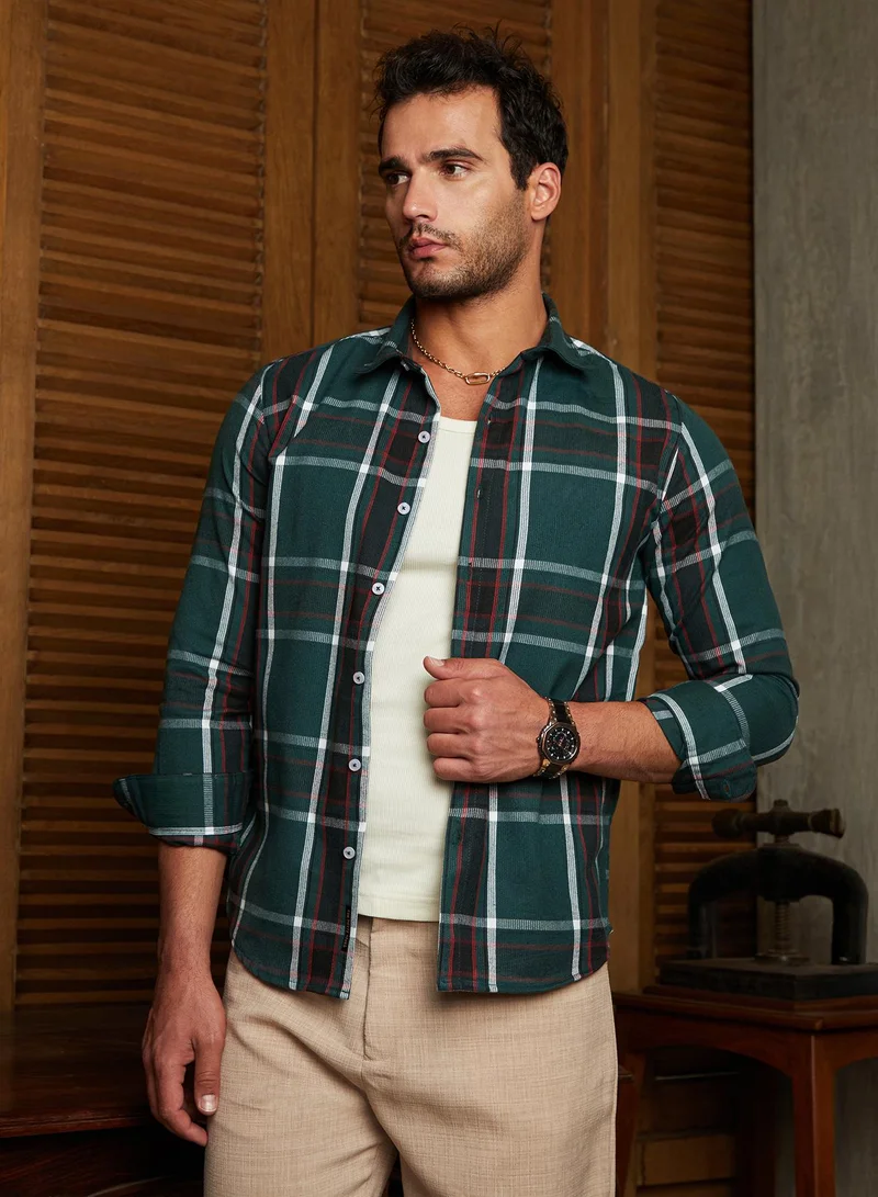 Campus Sutra Men's Emerald Green Ribbed-Plaid Relaxed Shirt
