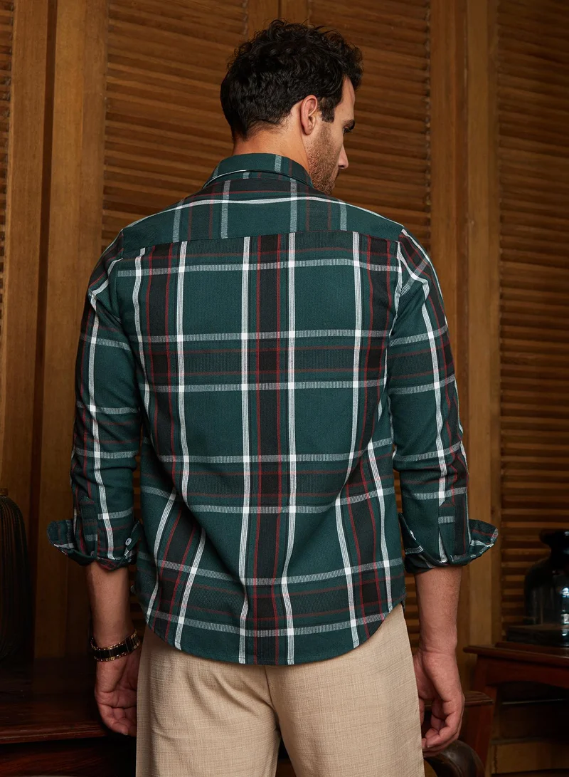 Campus Sutra Men's Emerald Green Ribbed-Plaid Relaxed Shirt