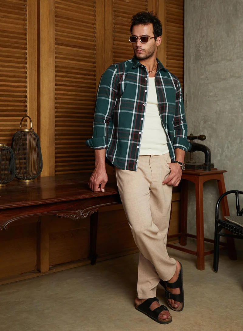 Campus Sutra Men's Emerald Green Ribbed-Plaid Relaxed Shirt