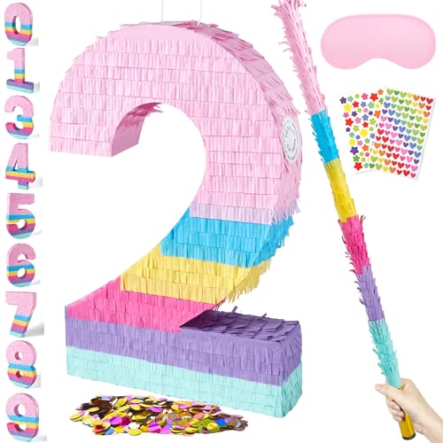 PCFING 20 Inch Number 2 Piata Candy Color with 30 Inch Piata Stick Blindfold Confetti for Boys Girls Adults Birthday Party Decorations Anniversary Celebration Fiesta - Image 1