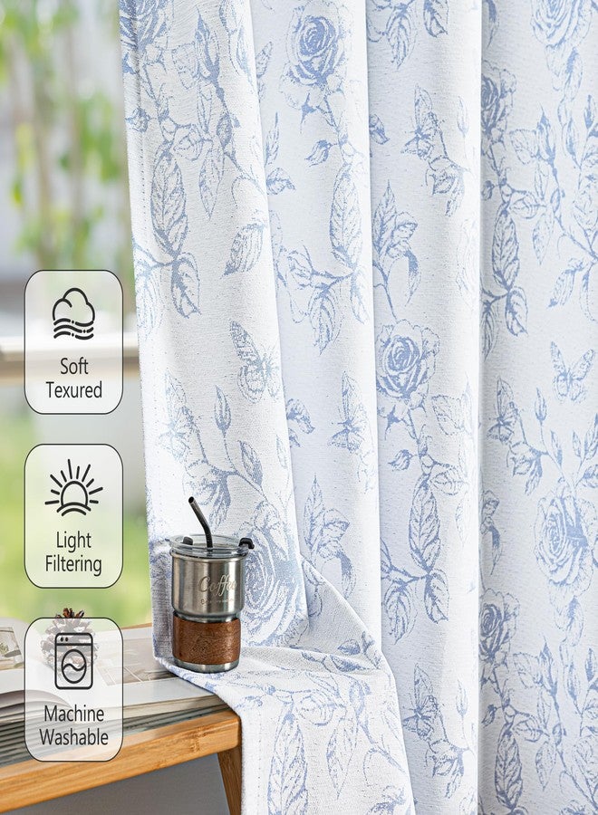 FMFUNCTEX ستائر جاكار زرقاء مزخرفة بالزهور من FMFUNCTEX لغرفة النوم، ستائر بنقشة زهور الورد بطول 84 بوصة، ستائر لتصفية الضوء لغرفة المعيشة، تصميم مزدوج الجوانب مع حلقات معدنية في الأعلى، قطعتان - Image 4