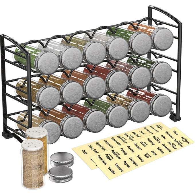 SPICE RACK STAND HOLDER WITH 18 BOTTLES AND 48 LABELS BLACK