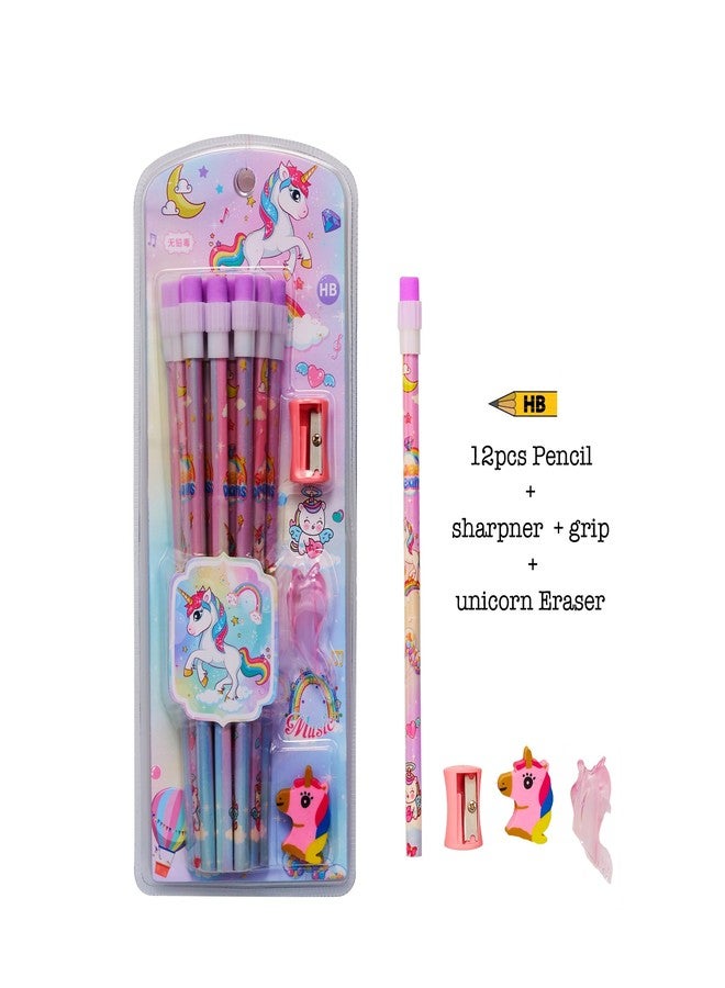 CherryBox Unicorn Pencils Stationary Kit - 12 Pencils Set with Grip Unicorn Eraser and Sharpner for Kids, Boys and Girls, Birthday Return Gift Stationary Set (Purple) - Image 2