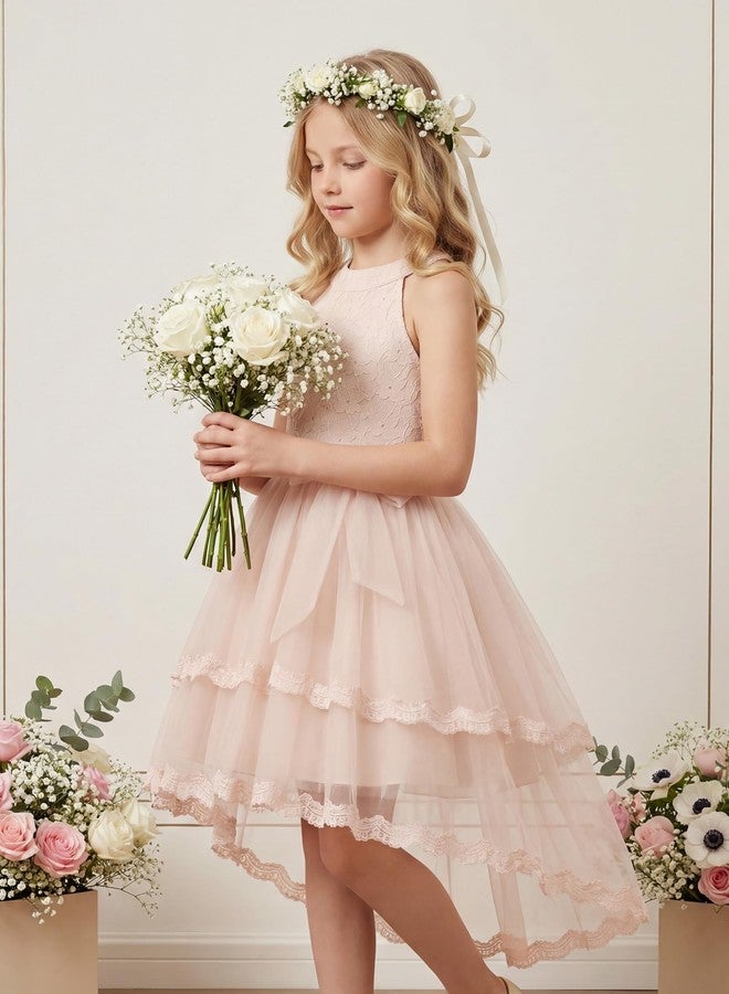 GRACE KARIN Flower Girl Dress Kids Birthday Wedding Pageant Lace Tulle Dresses for Girls Formal Party High Low 5-10Y, Apricot, 7 Years - Image 2