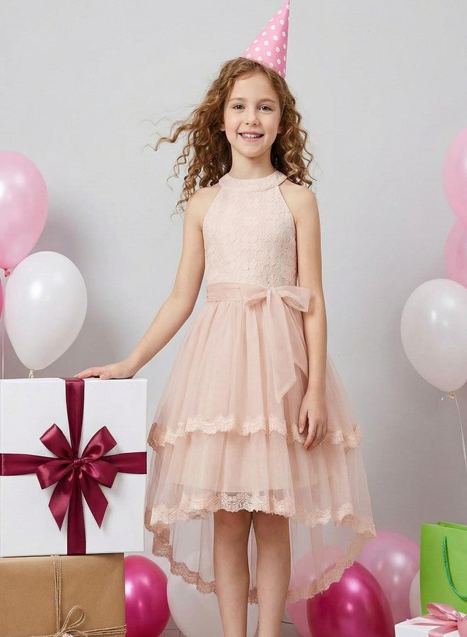 GRACE KARIN Flower Girl Dress Kids Birthday Wedding Pageant Lace Tulle Dresses for Girls Formal Party High Low 5-10Y, Apricot, 7 Years - Image 3