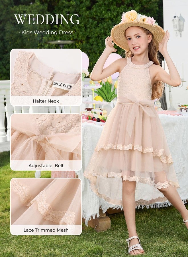 GRACE KARIN Flower Girl Dress Kids Birthday Wedding Pageant Lace Tulle Dresses for Girls Formal Party High Low 5-10Y, Apricot, 7 Years - Image 4