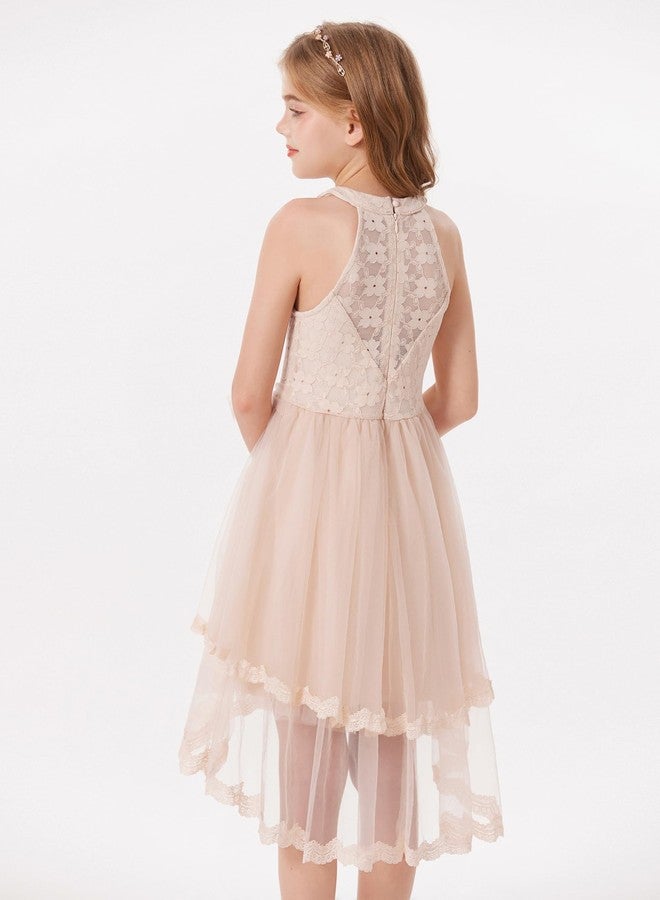 GRACE KARIN Flower Girl Dress Kids Birthday Wedding Pageant Lace Tulle Dresses for Girls Formal Party High Low 5-10Y, Apricot, 7 Years - Image 5