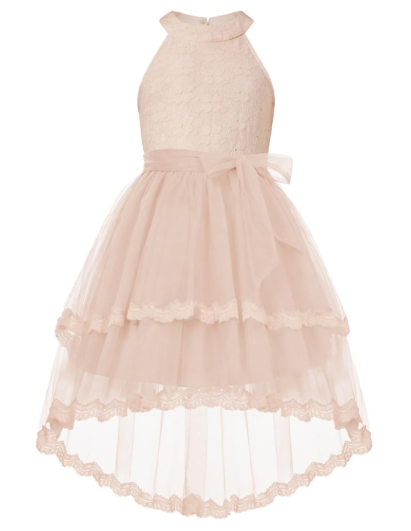 GRACE KARIN Flower Girl Dress Kids Birthday Wedding Pageant Lace Tulle Dresses for Girls Formal Party High Low 5-10Y, Apricot, 7 Years - Image 1