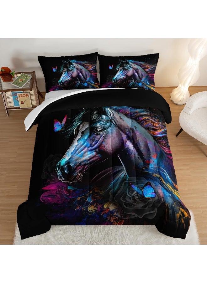 Generic HOSIMA 3 Pieces Art Horse Comforter with 2 Pillowcases, Wildlife Horse Butterfly Black Queen Comforter Set Boys Teens Aesthetic Room Decor, Animal Bedding Queen Size Bed in a Bag Sets for Adults  - Image 1