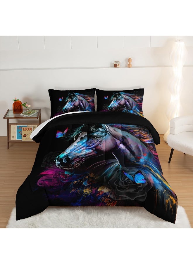 Generic HOSIMA 3 Pieces Art Horse Comforter with 2 Pillowcases, Wildlife Horse Butterfly Black Queen Comforter Set Boys Teens Aesthetic Room Decor, Animal Bedding Queen Size Bed in a Bag Sets for Adults  - Image 2
