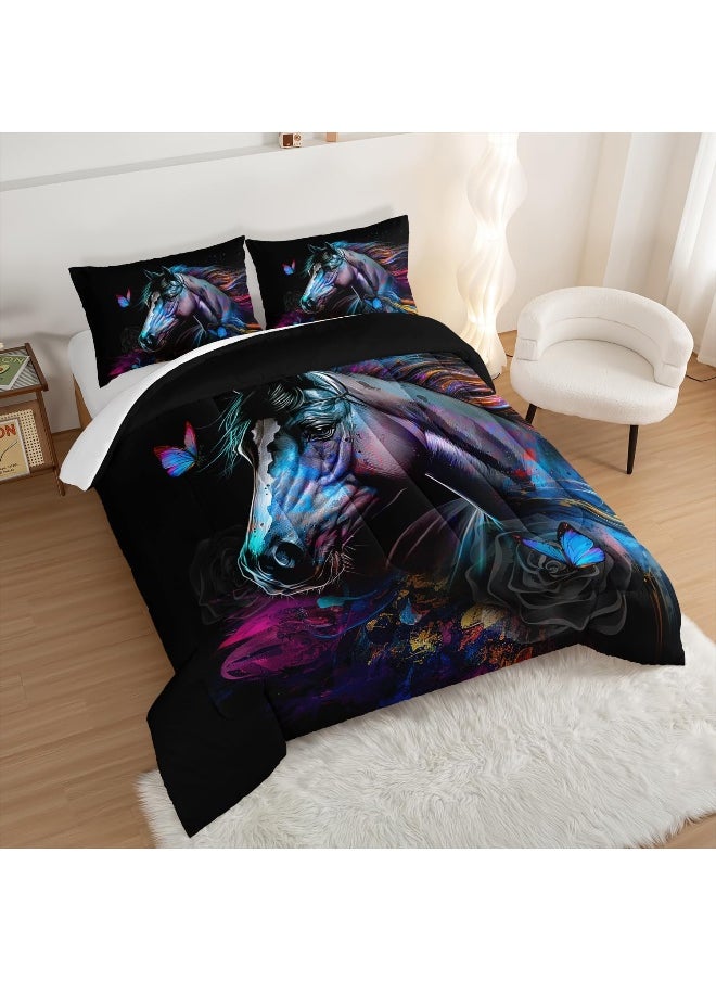 Generic HOSIMA 3 Pieces Art Horse Comforter with 2 Pillowcases, Wildlife Horse Butterfly Black Queen Comforter Set Boys Teens Aesthetic Room Decor, Animal Bedding Queen Size Bed in a Bag Sets for Adults  - Image 3