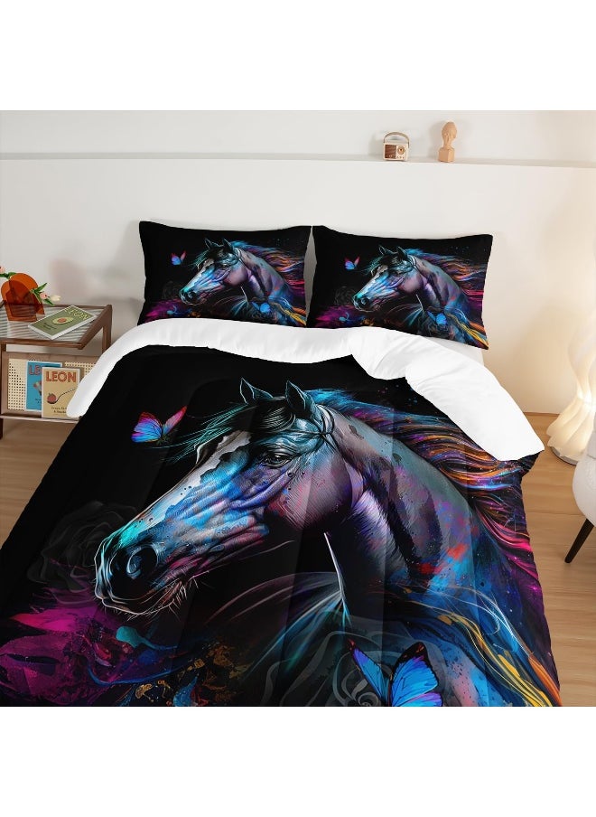 Generic HOSIMA 3 Pieces Art Horse Comforter with 2 Pillowcases, Wildlife Horse Butterfly Black Queen Comforter Set Boys Teens Aesthetic Room Decor, Animal Bedding Queen Size Bed in a Bag Sets for Adults  - Image 4