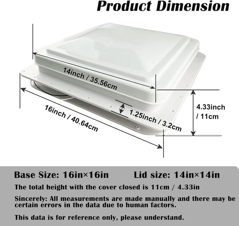 caqeg 14" RV Roof Vent for Camper Trailer Universal White Lid Roof Vent with 12V RV Vent Fan 6" Blades White lid Inner for Garnish Ring - Image 3