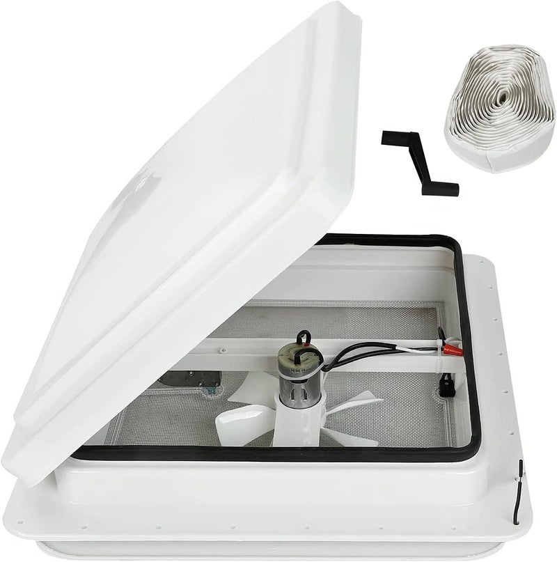 caqeg 14" RV Roof Vent for Camper Trailer Universal White Lid Roof Vent with 12V RV Vent Fan 6" Blades White lid Inner for Garnish Ring - Image 1