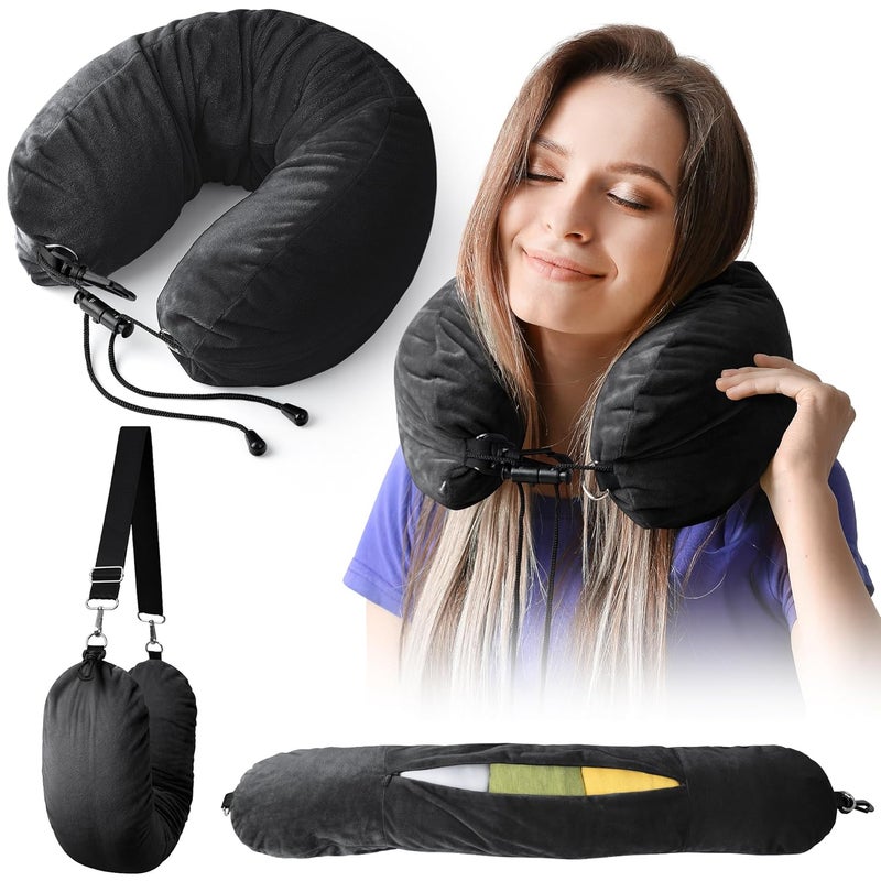 Vokelater Stuffable Neck Pillow for Travel Neck Pillow for Extra Luggage Storage Ideal 13 Days Travel Essentials Adjustable UShapes Airplane Pillow Size Soft Velvet Cover No Filler Black
