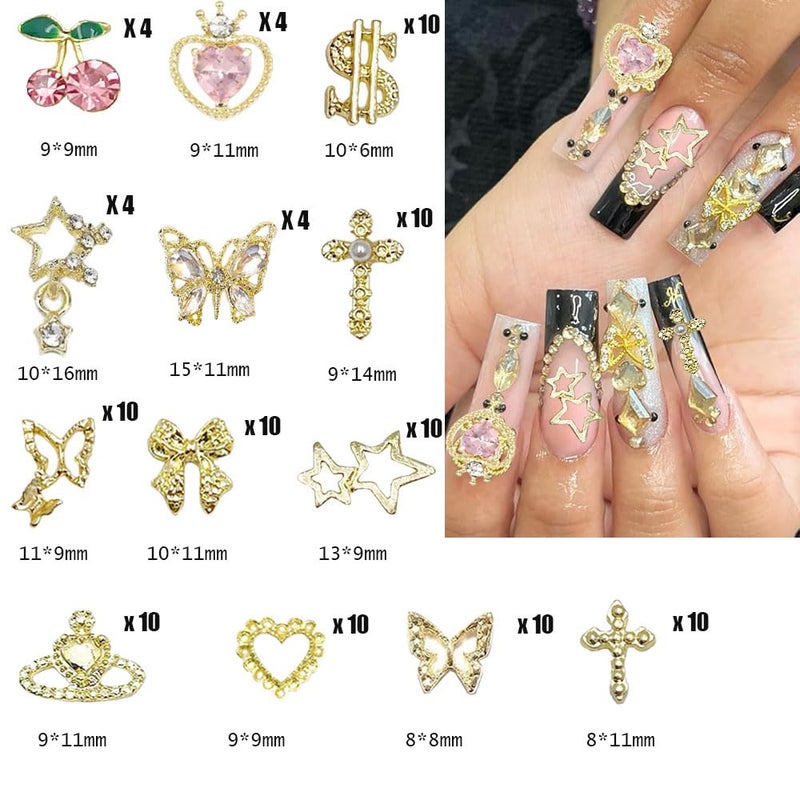 KACHIMOO 106 PCS Gold Nail Charms 3D Nail Art Charms Cherry Butterfly Cross Bow Star Heart Dollar 3D Nail Gems for Women Nail Art DIY Design - Image 2