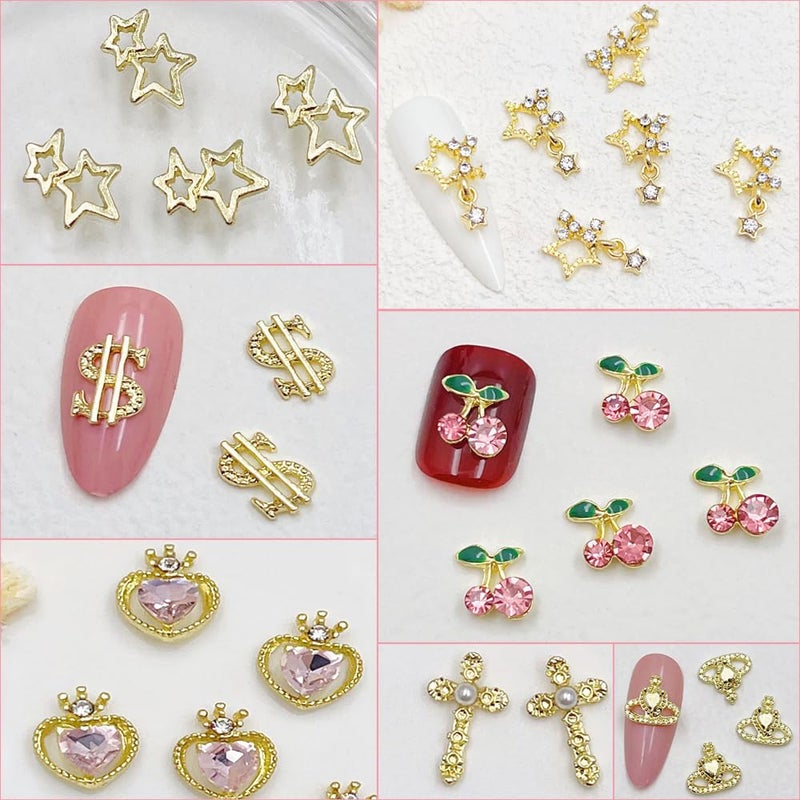 KACHIMOO 106 PCS Gold Nail Charms 3D Nail Art Charms Cherry Butterfly Cross Bow Star Heart Dollar 3D Nail Gems for Women Nail Art DIY Design - Image 3