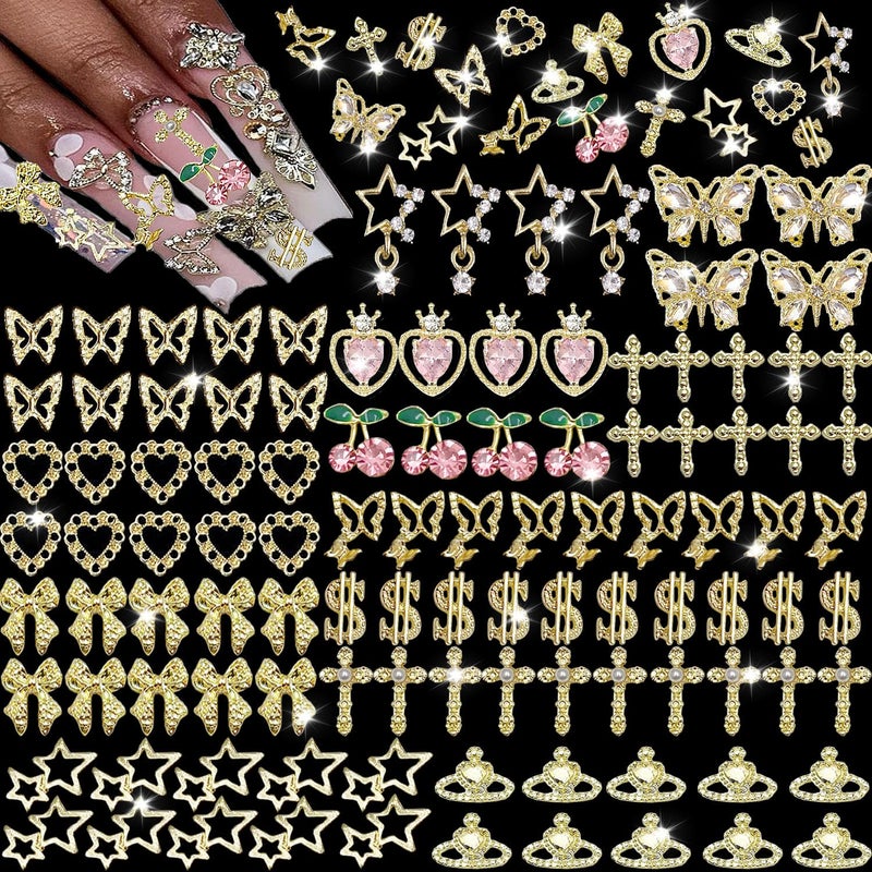 KACHIMOO 106 PCS Gold Nail Charms 3D Nail Art Charms Cherry Butterfly Cross Bow Star Heart Dollar 3D Nail Gems for Women Nail Art DIY Design - Image 1