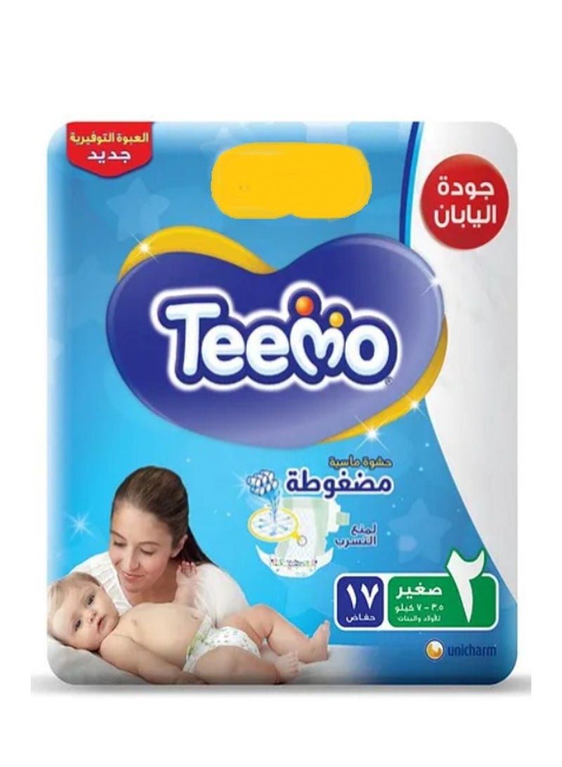 Teemo Baby Diapers, Size 2, Small, 3.5-7 Kg, Saving Pack, 17 Diapers