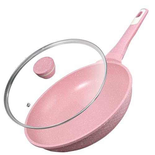 Xuanying 10 Inch Non Stick Frying Pans with Lid - 100% PFOA PFAS Free, Super Nonstick, All Stovetop Compatible Induction Gas Electric, Omelette & Egg Pan, Dishwasher Safe, Eco-Friendly Pink Pan - Image 1