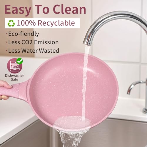 Xuanying 10 Inch Non Stick Frying Pans with Lid - 100% PFOA PFAS Free, Super Nonstick, All Stovetop Compatible Induction Gas Electric, Omelette & Egg Pan, Dishwasher Safe, Eco-Friendly Pink Pan - Image 5