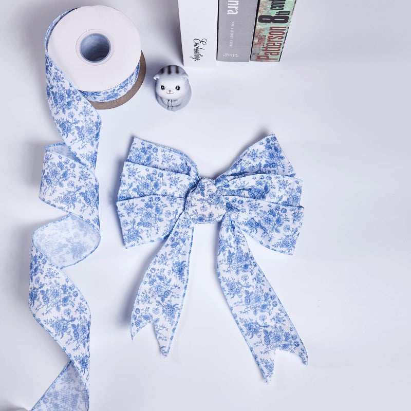 EROMAP Blue Floral Wired Ribbon 2.5 Inch Vintage Flower Chinoiserie Printed Fabric Ribbon for DIY Crafts Wreath Bow Making, 15 Yards - Image 5