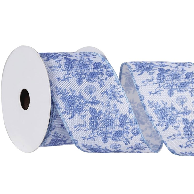 EROMAP Blue Floral Wired Ribbon 2.5 Inch Vintage Flower Chinoiserie Printed Fabric Ribbon for DIY Crafts Wreath Bow Making, 15 Yards - Image 1