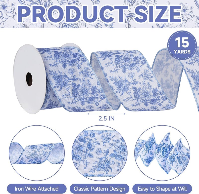 EROMAP Blue Floral Wired Ribbon 2.5 Inch Vintage Flower Chinoiserie Printed Fabric Ribbon for DIY Crafts Wreath Bow Making, 15 Yards - Image 2
