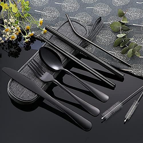 Linist Portable Utensils Travel Camping Cutlery Set 8-Piece Including Knife Fork Spoon Chopsticks Cleaning Brush Straws Portable Case Stainless Steel Spoon Set (Black) - Image 2