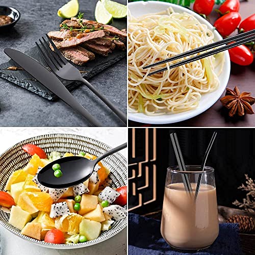 Linist Portable Utensils Travel Camping Cutlery Set 8-Piece Including Knife Fork Spoon Chopsticks Cleaning Brush Straws Portable Case Stainless Steel Spoon Set (Black) - Image 5