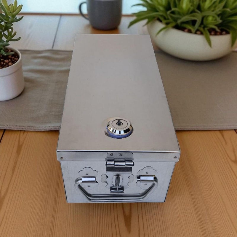 GinoSet ® Stainless Steel Bank Locker Box, Cash Drawer, Jewellery Storage Container Peti Size - 10 Inch (L-26.5cm, W-11cm, H-8.5cm)(With Pre fited Lock & 2 Key) - Image 2