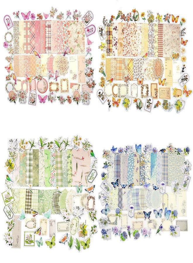 OKUPAN Vintage Floral Scrapbook Paper & Journaling Stickers (400pcs) Assorted Set - 4 Pack Junk Journal Supplies for Bullet Journaling, Retro Crafts, Planner, Mixed Media, Collage Card Album - Image 1