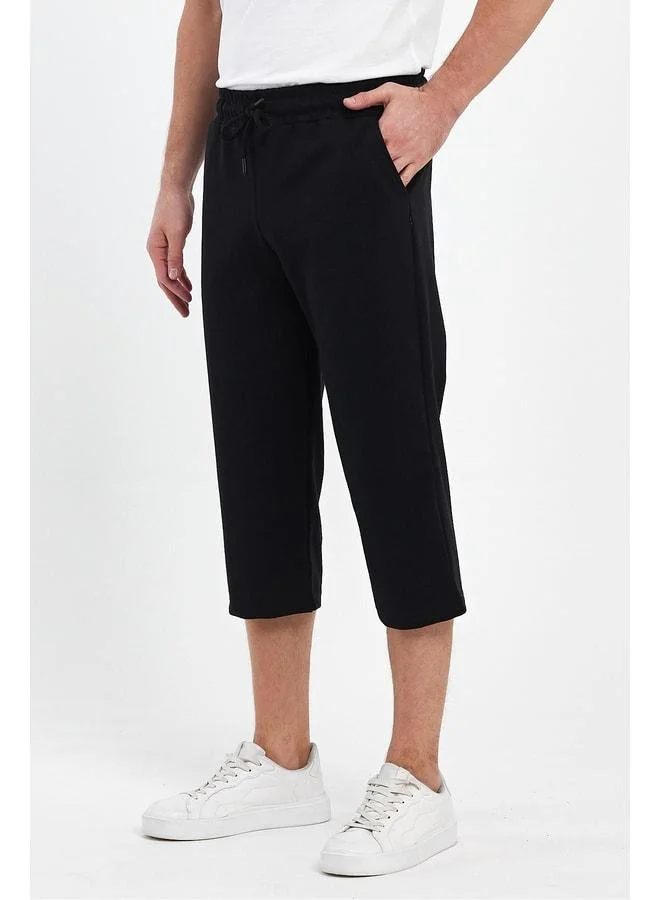 Men's Black Bermuda Knee-Length Capri Long Shorts with Side Pockets and Adjustable Elastic Waist