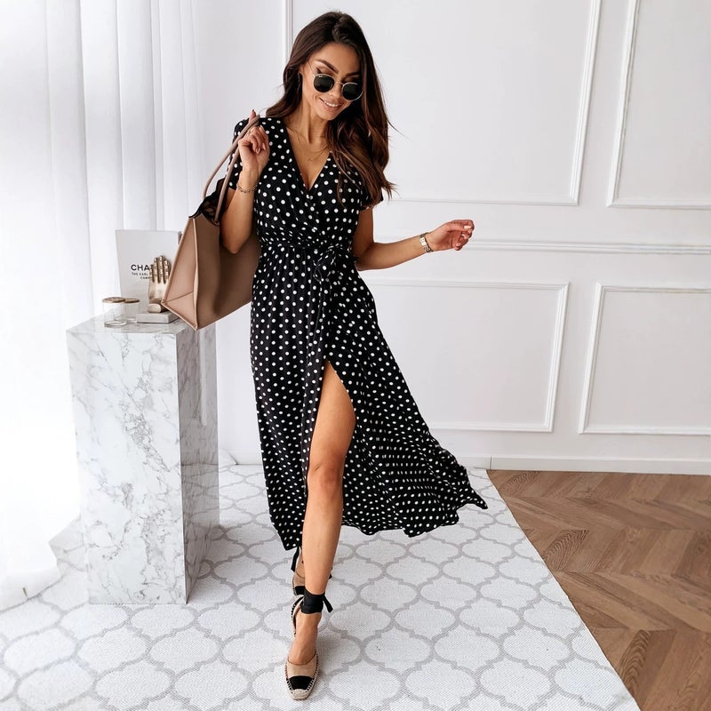 Women's Bohemian Polka Dot Print V-Neck Short Sleeve Dress - Image 4