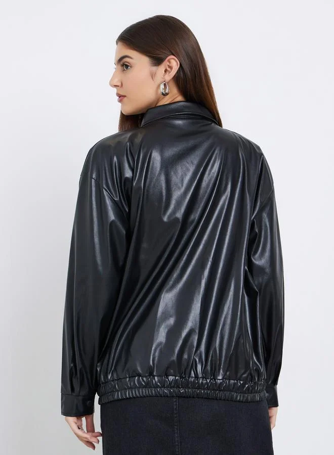 Styli Styli Black Oversized Leather Look Bomber Jacket