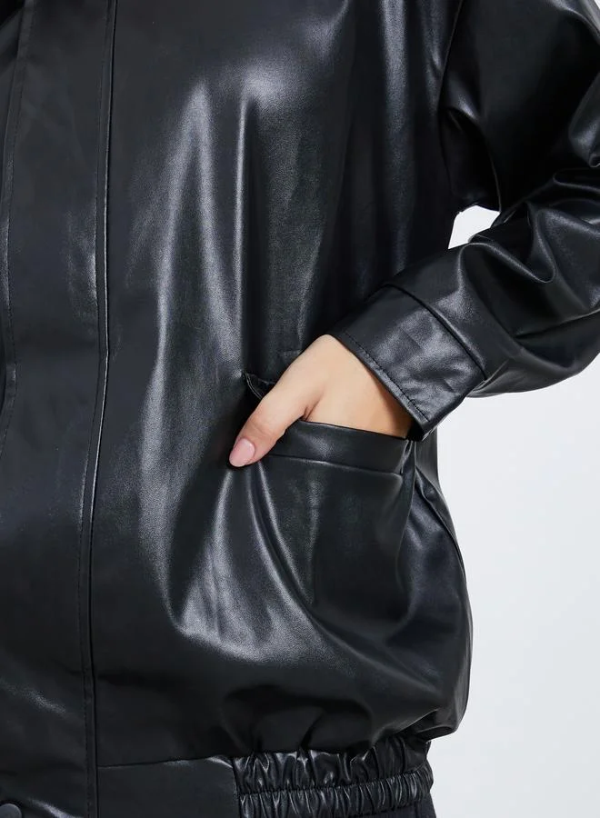 Styli Styli Black Oversized Leather Look Bomber Jacket