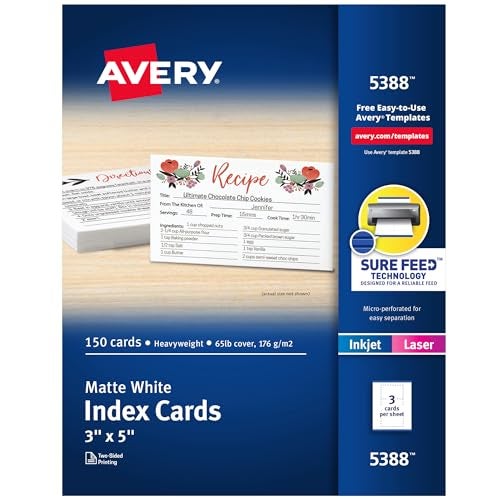 Avery Printable Index Cards with Sure Feed Technology, 3" x 5", White, 150 Blank Index Cards for Laser or Inkjet Printers (05388) - Image 1