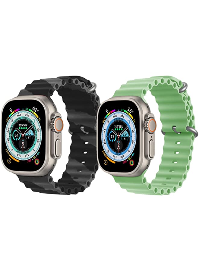 vesus Silicone Ocean Band Strap for Apple Watch Ultra 8 49mm Black/Gray Double Line Strap with Mint Green Single Color Strap Set of 2