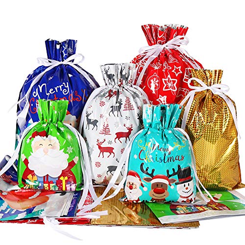 HRX Package Holiday Drawstring Gift Bags, 30pcs Christmas Foil Gift Wrapping Sacks Pouches for Xmas Presents Party Favor (Large Medium Small) - Image 1