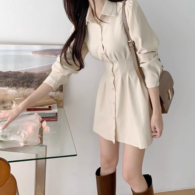 Z Korean Style Pure Color Large Size Waist Slimming Look Shirt Dress Women'S Autum New Small Short Skirt Shirt Dress - Image 4