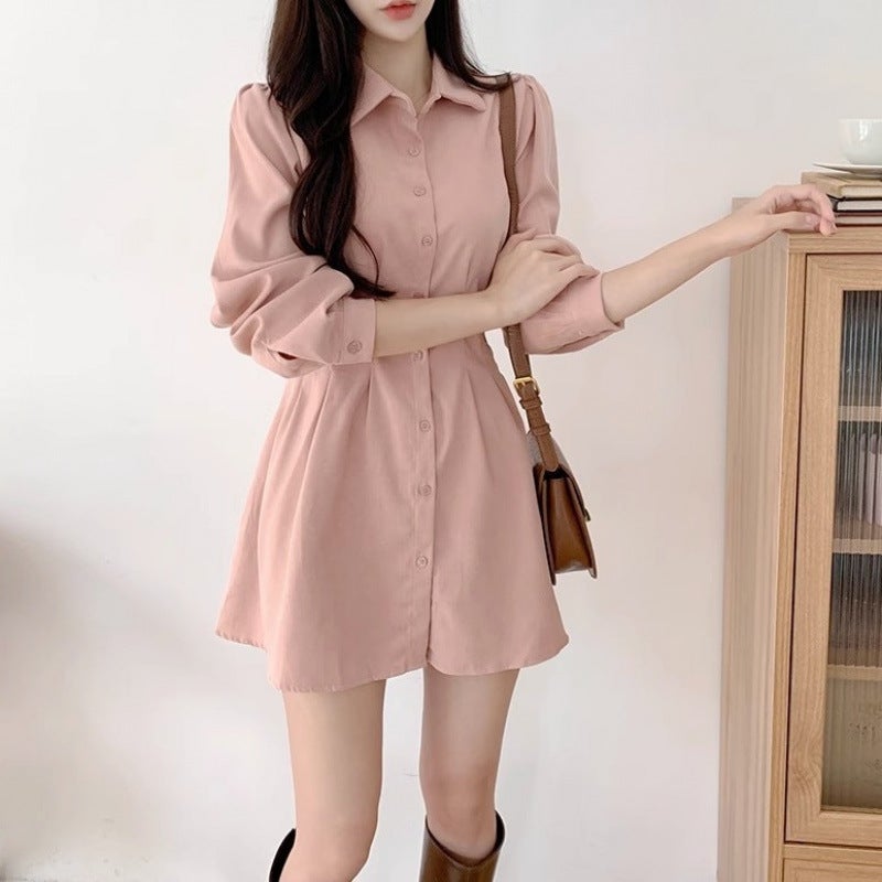 Z Korean Style Pure Color Large Size Waist Slimming Look Shirt Dress Women'S Autum New Small Short Skirt Shirt Dress - Image 2