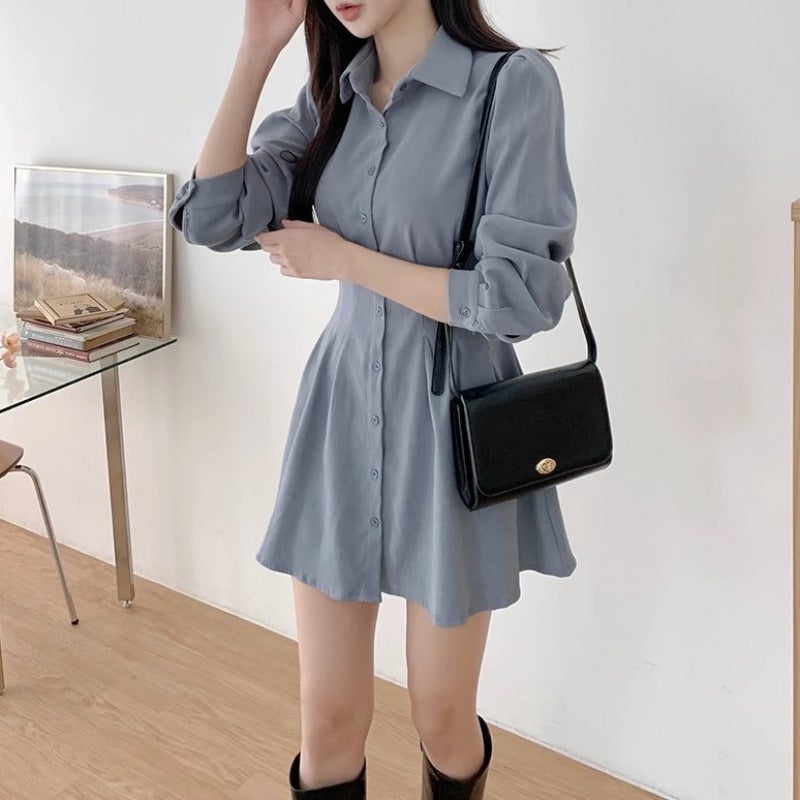 Z Korean Style Pure Color Large Size Waist Slimming Look Shirt Dress Women'S Autum New Small Short Skirt Shirt Dress - Image 3