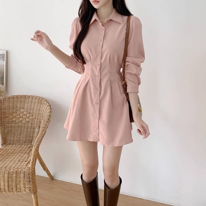 Z Korean Style Pure Color Large Size Waist Slimming Look Shirt Dress Women'S Autum New Small Short Skirt Shirt Dress - Image 5