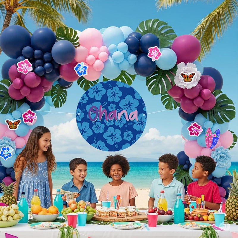 yeewaka Hot Pink Blue Pink Balloon Garland Kit with Hawaii Ohana theme backdrop plam Hawaii card stickers for Summer Tropical aloha cartoon birthday party gender reveal Baby shower decorations - Image 5