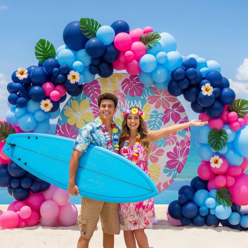 yeewaka Hot Pink Blue Pink Balloon Garland Kit with Hawaii Ohana theme backdrop plam Hawaii card stickers for Summer Tropical aloha cartoon birthday party gender reveal Baby shower decorations - Image 4