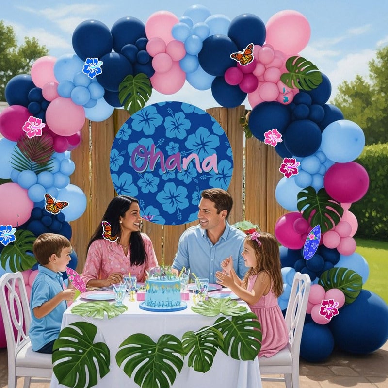 yeewaka Hot Pink Blue Pink Balloon Garland Kit with Hawaii Ohana theme backdrop plam Hawaii card stickers for Summer Tropical aloha cartoon birthday party gender reveal Baby shower decorations - Image 2